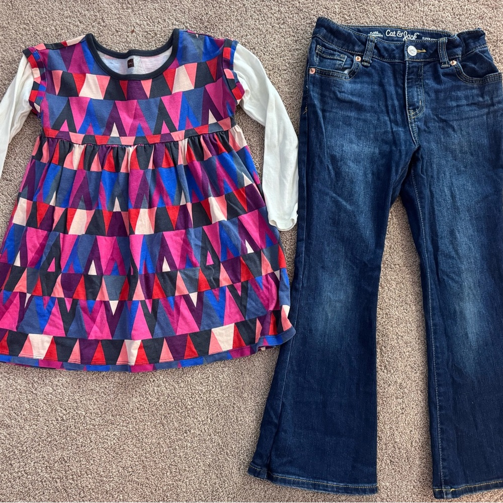 Girl’s size 6 - Tea Collection tunic/dress + Cat & Jack flare jeans